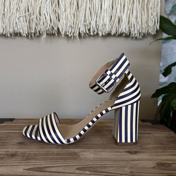J. Crew Leather Light Cream Navy Stripe Ankle Strap Open Toe Block Heel Sandals - Picture 7 of 16